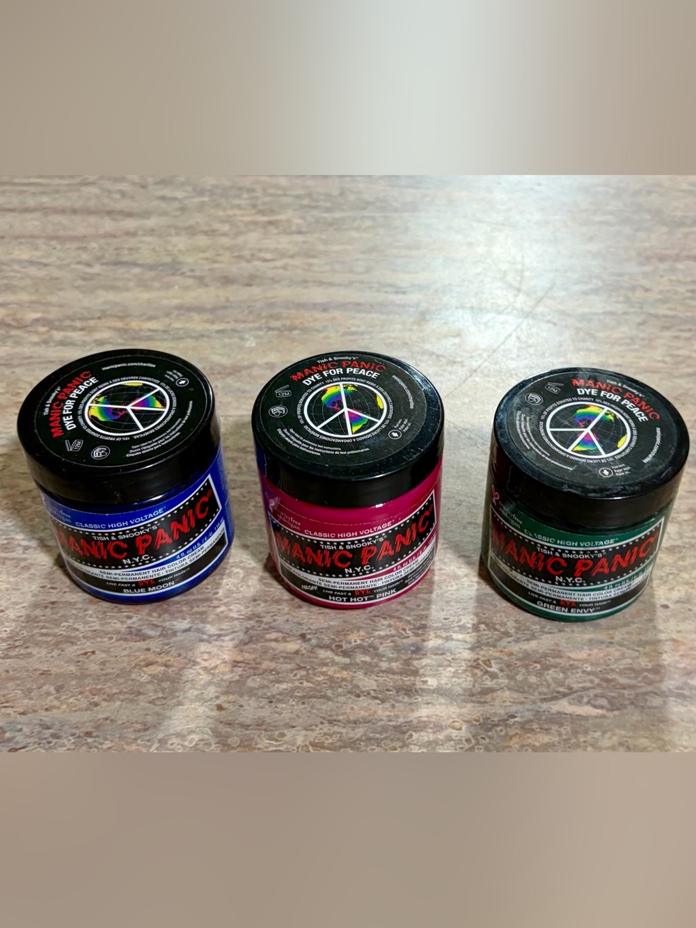 Manic Panic Hot Hot Pink, Blue Moon, Green envy Semi-Permanent Hair Color Creams